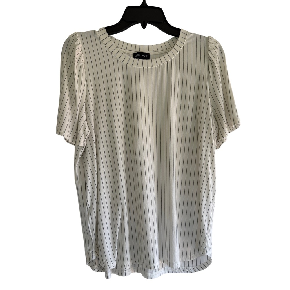 Modern Works Womens Pinstripe Short Sleeve Puff Shoulder Top White Black XL